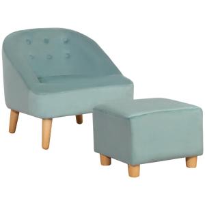 Barnfåtölj med Fotpall i Sammet, Bekväm Minisoffa för Barn, Ergonomisk Sittplats med Träben, Grön, 51 x 51 x 50 cm