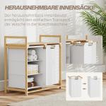 Tvättkorg Tvättsorterare med 4 Fack Vit av Bambu och Fibertyg för Badrum Vagn med Utdragbara Påsar 83 l 70 x 36 x 70 cm