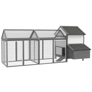 Hönshus Hönsskåp Grå av Trä och Tråd för Utomhusbruk Med Bolåda Ramp och Dubbel Lekhage Robust Design