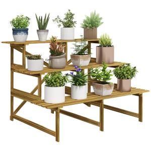 Planttrappa Blomsterhylla 3 Steg Granved Robust Växthylla för Trädgård Balkong och Terrass Naturlig 120 X 80 X 78 Cm