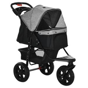 Hopfällbar Hundvagn med 3 Hjul, Smidig Husdjursvagn för Hund och Katt, Praktisk Transportkärra med God Ventilation, Grå/Svart, 109,5 x 57,5 x 106,5 cm