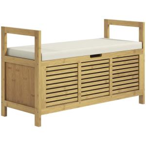 Skobänk Garderobsbänk Natur av Bambu för Hall och Entré Bänk med Gångjärnslock och Skoställ Förvaring 100 x 40 x 60 cm