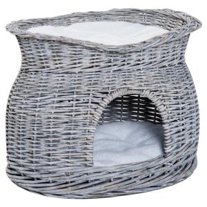 Katthus Vattenhyacint med Tak Flätad Kattkoja med Mjuk Kudde Elegant Sovplats för Inomhusbruk Grå