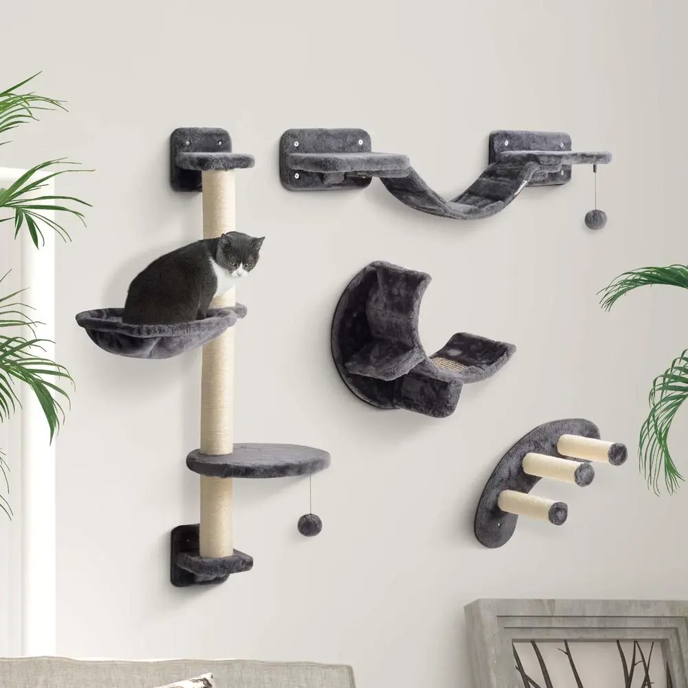 4-Delad Kattklättervägg med Hängmatta och Kattbrygga
