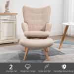 Vingstol med Pall Relaxstol Beige av Tyg med Sladdlook och Trä för Vardagsrummet Stoppad Fåtölj TV Stol Bekväm Design