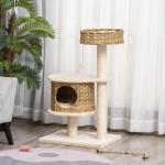 Klösträd i Rotting med Koja, Elegant Klösmöbel med Lekboll, Naturlig Sovplats för Små Katter, Natur/Beige