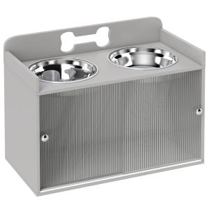 Matbar Hund Upphöjd Grå MDF och Rostfritt Stål för Hundar Foderstation med Förvaringsskåp och 2 Skålar Dekorativ Design med Benmönster