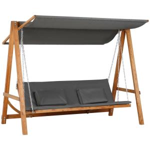 3-Sitsig Hammock med Bäddfunktion, Bekväm Trädgårdsgunga i Furu med Tak, Robust Hängsoffa för Avkoppling, Grå/Teak, 225,5 x 113 x 180 cm