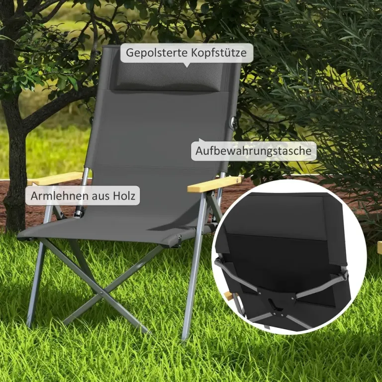 Hopfällbar Campingstol med 4-Stegs Ryggstöd, Mörkgrå