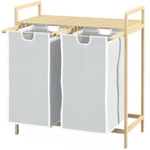 Tvättkorg Tvättlåda Kräm av Bambu och Tyg för Badrum med 2 Avtagbara Tvättpåsar Praktisk Sortering 63,5 x 33 x 73 cm