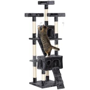 Skrapstolpe Kattträd Grå Spånskiva och Plysch XXL Kattgrotta Stege Klätterträd i Flera Nivåer 50 X 50 X 170 Cm