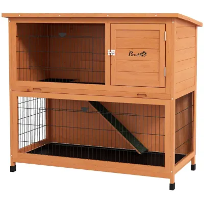 Kaninbur Kaninhydda Orange av Trä för 2 Kaniner 2-Vånings
