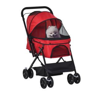 Hundvagn i Oxford-Tyg, Smidig Husdjursvagn för Små Hundar och Katter, Praktisk Transportkärra med Nätfönster, Röd, 76,5 x 52 x 95 cm
