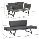 Loungegrupp i Konstrotting 2 Delar, Bekväm 2-Sitsig Soffa med Fällbara Armstöd, Väderbeständig Utemöbel för Balkong, Grå, 129 x 63 x 67 cm