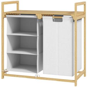 Tvättkorg Tvättsorterare med 4 Fack Vit av Bambu och Fibertyg för Badrum Vagn med Utdragbara Påsar 83 l 70 x 36 x 70 cm