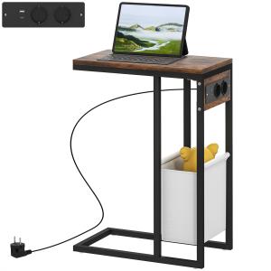 Sidobord med Uttag, USB-portar och Kabel, C-formad Design
