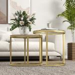 Soffbord Sidobord Set om 2 Guld av Stål och Glas för Vardagsrum och Sovrum Runda Stapelbara Bord