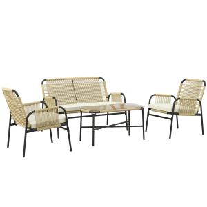 Trädgårdsmöbelset Sittgrupp Svart Gul av Rotting och Glas för Uteplats 4 Delar med Fåtöljer och Soffbord Sittdynor 110 x 65 x 74 cm