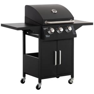 Gasolgrill med 3 Brännare, Mobil Grillvagn med Sidobord och Hjul, Perfekt för Sommarens BBQ-Fester, Svart, 121 x 55 x 109 cm
