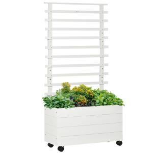 Odlingslåda med Spaljé på Hjul, Upphöjd Blomlåda i Trä, Flyttbar Rumsavdelare för Klätterväxter, Vit, 76 x 30 x 155 cm