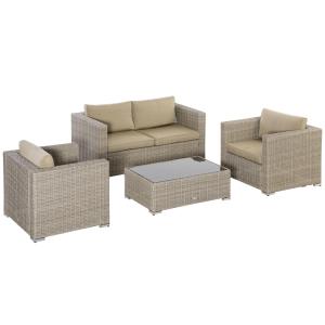 Loungegrupp i Konstrotting 4 Personer, Bekväm Utemöbel med Soffa och Bord, Inkluderar Dynor för Avkoppling, Khaki/Beige