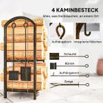 Vedställ Inomhus med Verktyg Svart Stål för Öppen Spis Kompakt Vedförvaring med 4 Krokar och Hyllplan Stabil Konstruktion Modern 43 x 30 x 74 cm