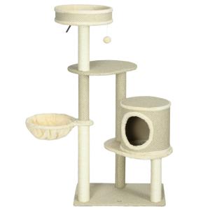 Skrapstolpe Kattträd Beige av Sisal och Plysch för 1-2 Katter med 2 Liggplatser och Korg Lekboll Klättertorn 124 cm