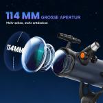 Spegelteleskop för Nybörjare Mörkblå Aluminium för Astronomi och Stjärnskådning Kraftfullt Teleskop med 2 Okular och Stativ Skarpa Bilder 114 mm