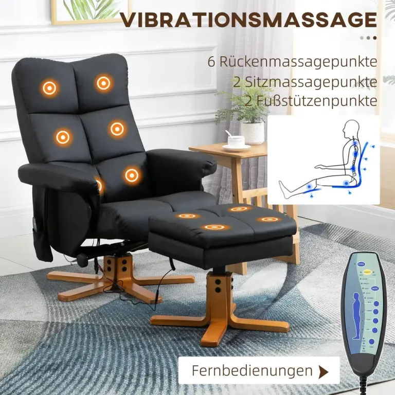 Massagestol med Fotpall och Värme Svart Konstläder