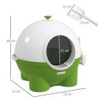Kattlåda Toalett med Huva Grön Vit av Plast för Katter upp till 4 Kg Inomhusbruk med Lock och Skopa Hygienisk Design 53 x 51 x 48 cm