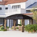 Lusthus Paviljong med Hård Topp Brun av Aluminium och Polykarbonat för Trädgård Vintertätt Gazebo med Myggnät 4 x 3 m