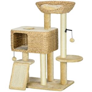Kattskrapstolpe Kattträd Beige av Sisal och Plysch för Katter upp till 6 kg med 2 Liggytor och Lekboll Kattmöbler 98 cm