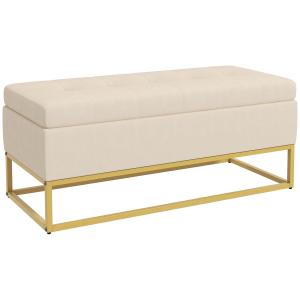 Bänk med Förvaringsutrymme Beige av Sammetslook och Stål för Hall och Vardagsrum Stoppad Bänk med Gångjärnslock 110 x 44 x 49 cm