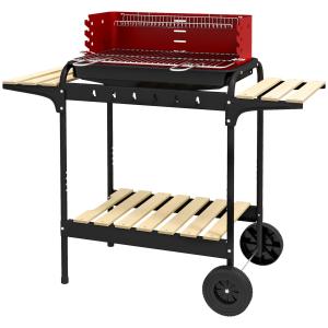 Kolgrill BBQ Rökare med Hjul Svart av Metall och Trä för Camping och Terrass Mobil Grillvagn med Hylla 103 x 47 x 95 cm