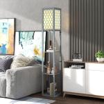 Golvlampa med Hylla Modern Ljusgrå MDF för Vardagsrum Kompakt Design med 3 Fack Förvaring och Belysning