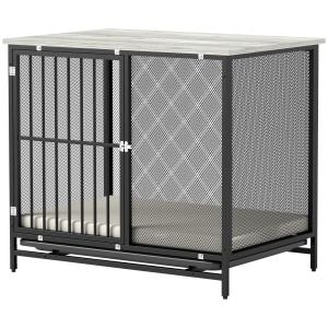 Hundbur Hundkennel Grå av Trä och Metall för Medelstora Hundar Låsbar Bur med Kudde och Pallar 88 x 55 x 71 cm