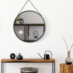 Rund Väggspegel med Upphängning, Dekorativ Spegel med Metallram och Kedja, Elegant Inredning för Hall och Badrum, Svart, 50 cm