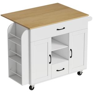 Köksö med Klaffbord Vit MDF och Trä för Kök Serveringsvagn på Hjul med Lådor och Skåp Utfällbar Bänkskiva Praktisk