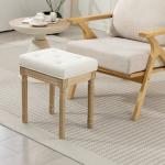 Fotpall Rektangulär Beige Linnetyg och Trä för Vardagsrum Sittpuff med Vadderad Sits och Träben Klassisk Design 42x32x47 cm