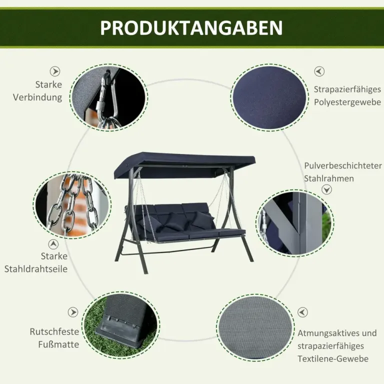 Hammock för Trädgård 3-Sits med Soltak, Mörkblå