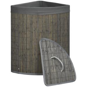 Tvättkorg Tvättlåda Fyrkantig med Lock Grå av Bambu och Tyg för Badrum Hopfällbar Korg med Avtagbar Påse 55 l 38 x 38 x 57 cm