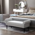 Elegant Sittbänk med Rullade Armstöd, Klädd Bänk i Linnetyg för Hall och Sovrum, Klassisk Design med Träben, Ljusgrå