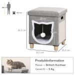 Kattgrotta och Pall 2-i-1, Mysig Sovplats med Klösbräda, Multifunktionell Kattmöbel med Dyna, Grå
