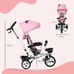 Trehjuling Barncykel Rosa av Metall och Plast för Barn 1-5 År 2-i-1 med Push Bar och Soltak Säkerhetsbälte Korg