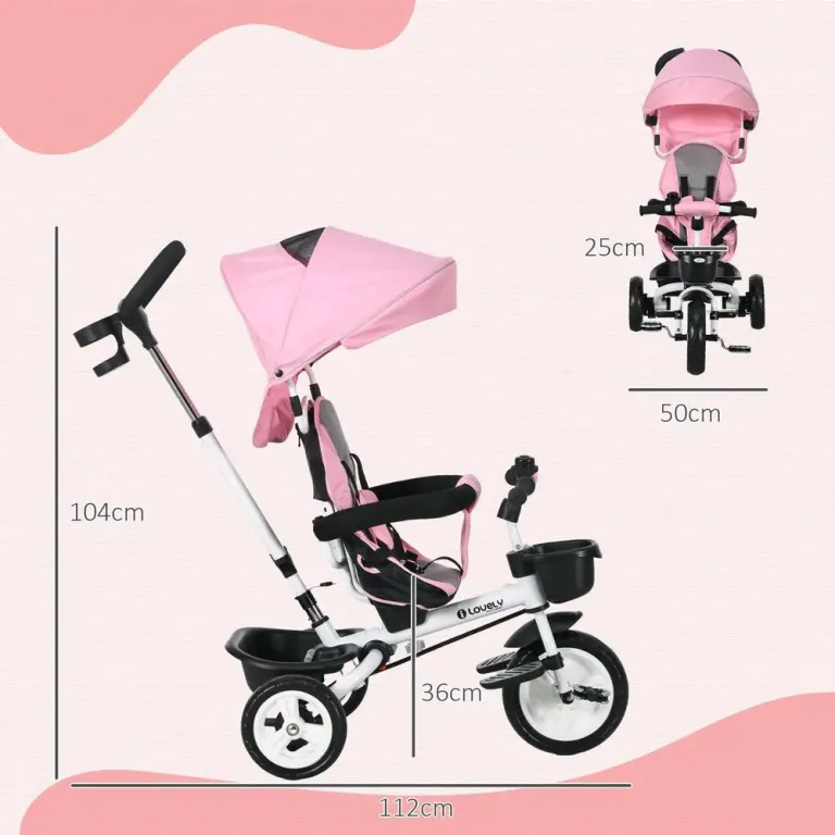 Trehjuling 6-i-1 med Föräldrahandtag, Rosa