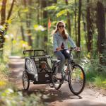 Barnvagn Cykelvagn 2-i-1 Hopfällbar Grå av Tyg och Metall för 2 Barn från 18 Månader Vagn med Bromsar 26,4 kg