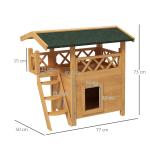 Katthus Kattvilla Natur av Massivt Trä för Utomhusbruk 2-Vånings Hus med Asfalttak och Balkong Trappa för Katter 77 x 50 x 73 cm