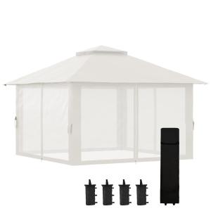 Fällbart Lusthus Paviljong Krämvit av Stål och Polyester för Trädgård och Evenemang Justerbar Höjd med UV-Skydd och 4 Nätgardiner 4 x 4 m