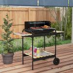 Kolgrill BBQ Rökare med Hjul Svart av Metall och Trä för Camping och Terrass Mobil Grillvagn med Hylla 103 x 47 x 95 cm