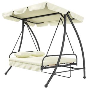 Hammock Trädgårdsgunga 3-Sits 2-i-1 Krämvit av Tyg och Metall för Trädgård och Terrass Gunga med Liggfunktion 240 kg 200 x 125 x 170 cm